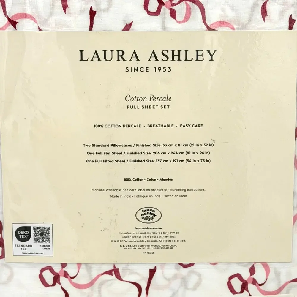 Laura Ashley Trailing Bows Red & White Striped Hem 4pc FULL Sheet Set NEW